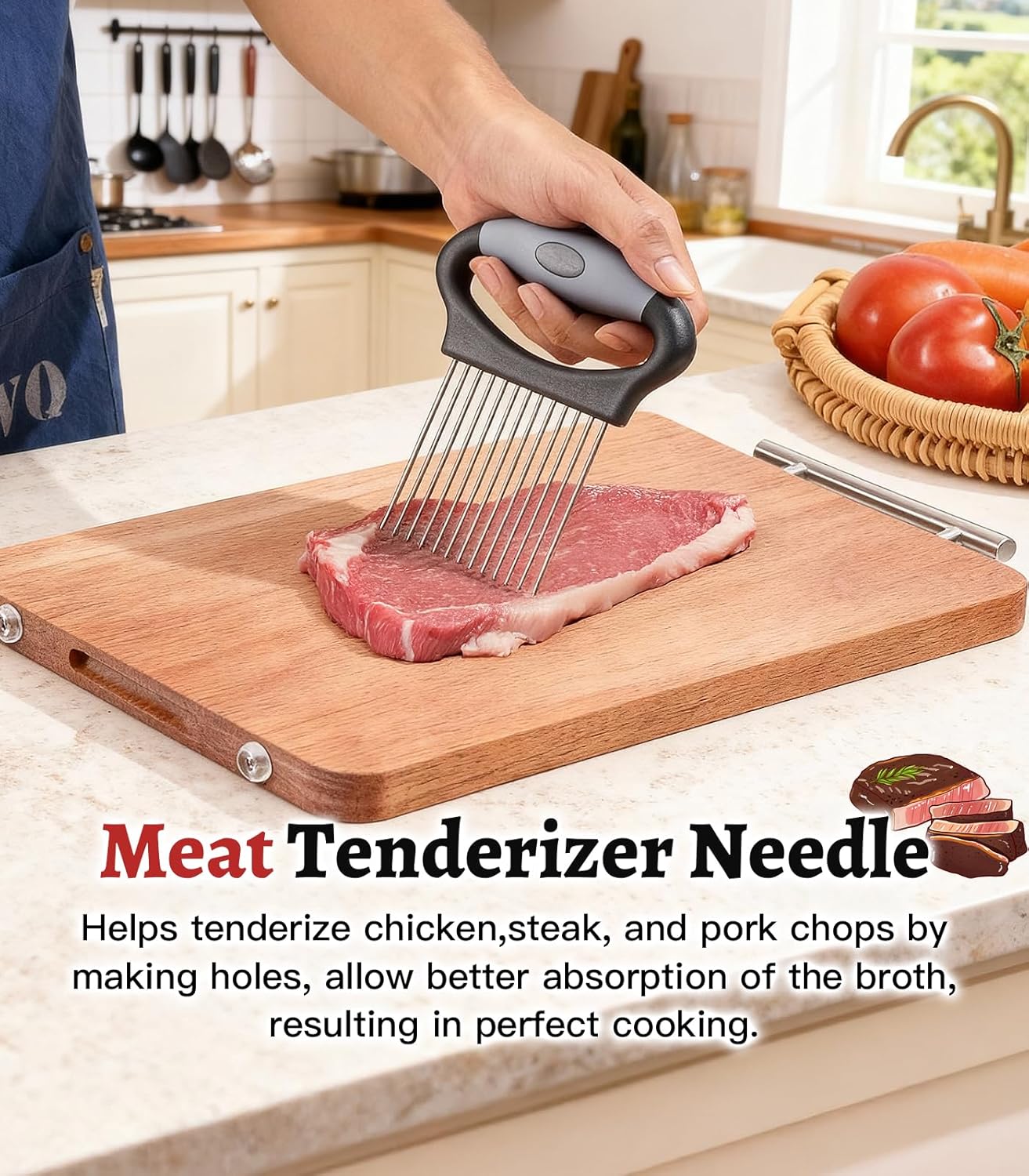 Large Onion Slicer Holder, Stainless Steel Onion Holder for Slicing, Onion Cutter Vegetable Chopper with 14 Sharp Needles for Slicing of Tomato Avocados & Meat Tenderizer, Kitchen Gadgets for Cooking