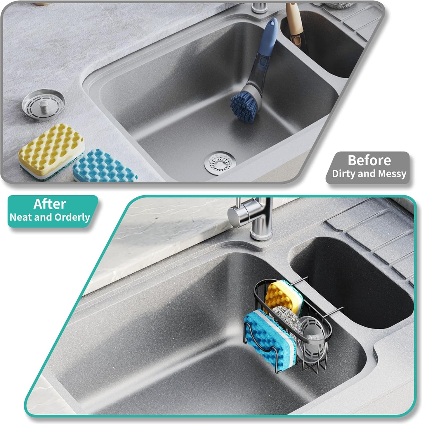 HapiRm Multifunctional Sponge Holder with Unique M-Shaped, 2 Installation Methods Kitchen Sink Caddy Organizer, Rustproof Stainless Steel Kitchen Organizers and Storage Essentials - Black