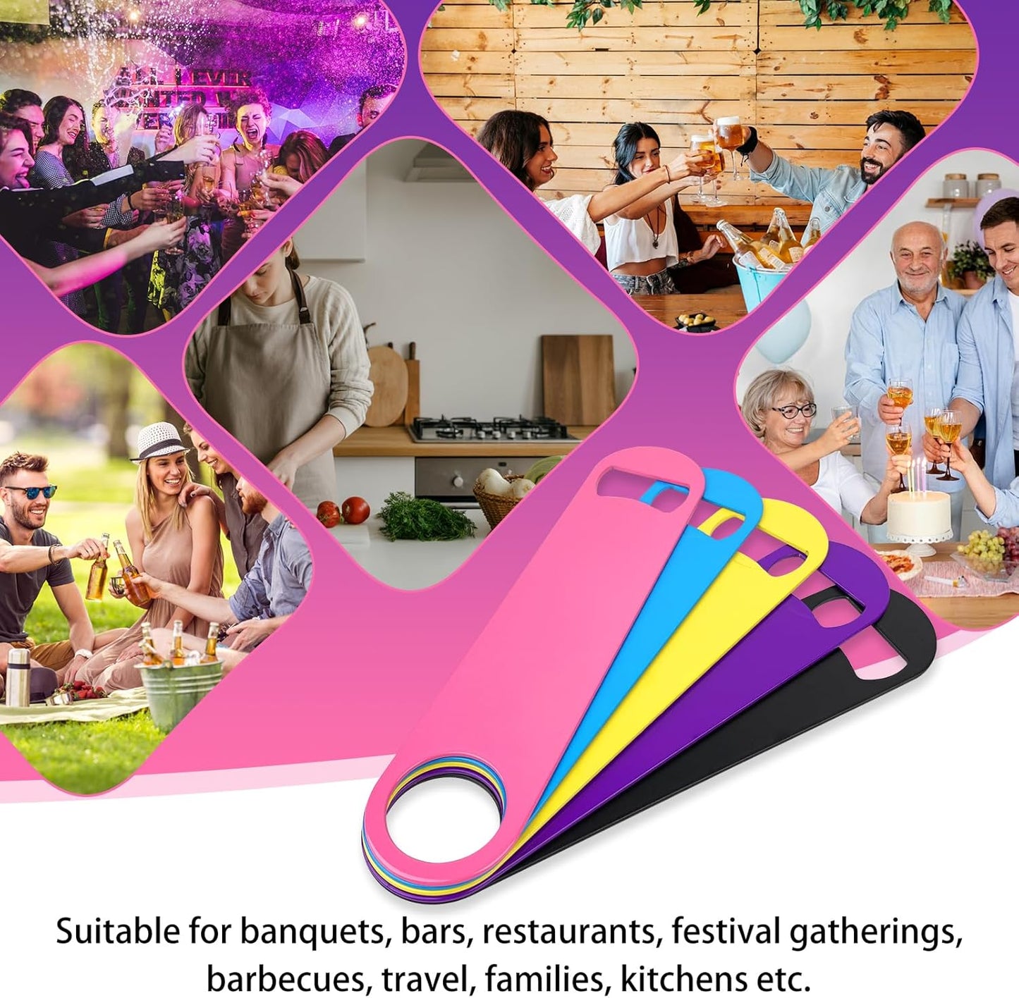 KTOJOY 5 Pack Stainless Steel Colorful Beer Bottle Opener Set, 7 Inch, Large Colorful Design,