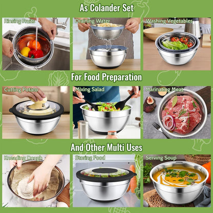 P&P CHEF 4-In-1 Stainless Steel Colander with Bowl Set, Rotatable Strainers for Kitchen, Fruit Cleaner, Washing Fruit & Draining Pasta, Mixing Bowl and Lid with Grater for Salad, Khaki
