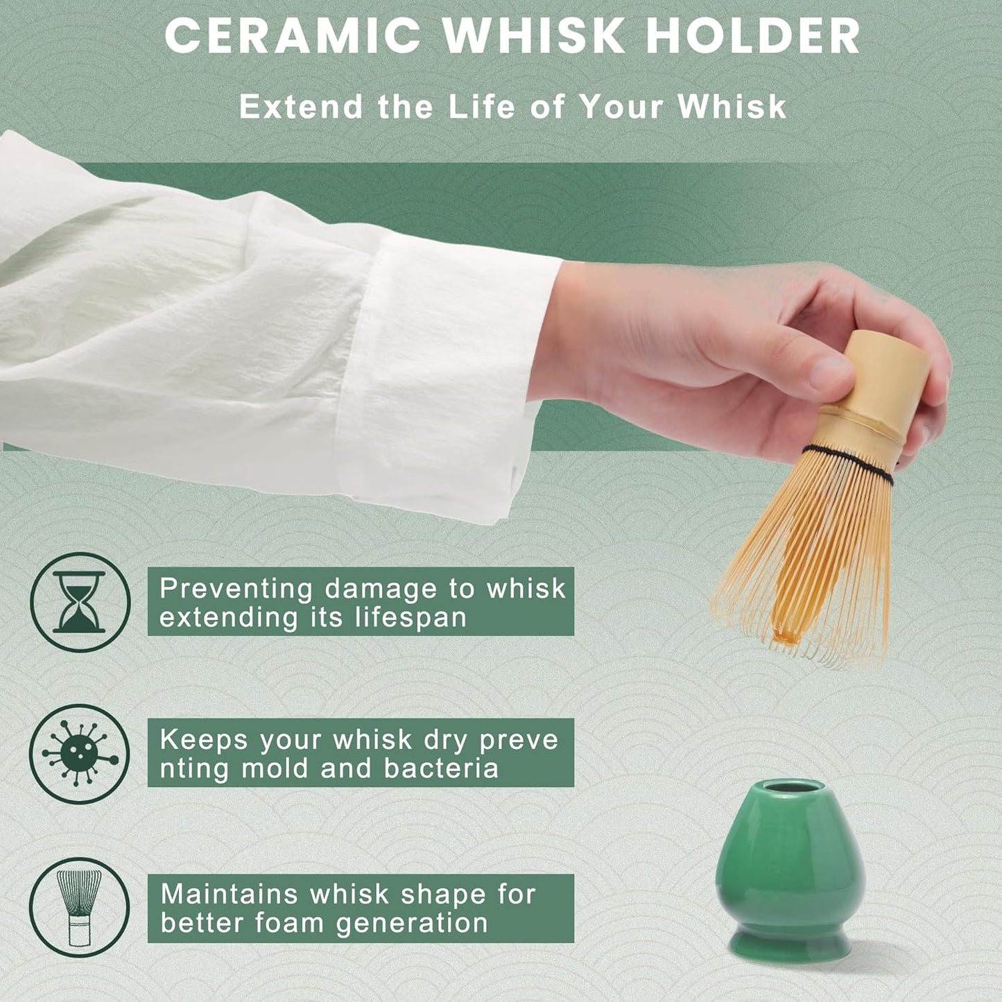 6-Piece Matcha Set, Matcha Whisk (Chasen) & Holder, Matcha Bowl with Spout, Sifter & Spoon, Bamboo & Ceramic, Dark Green