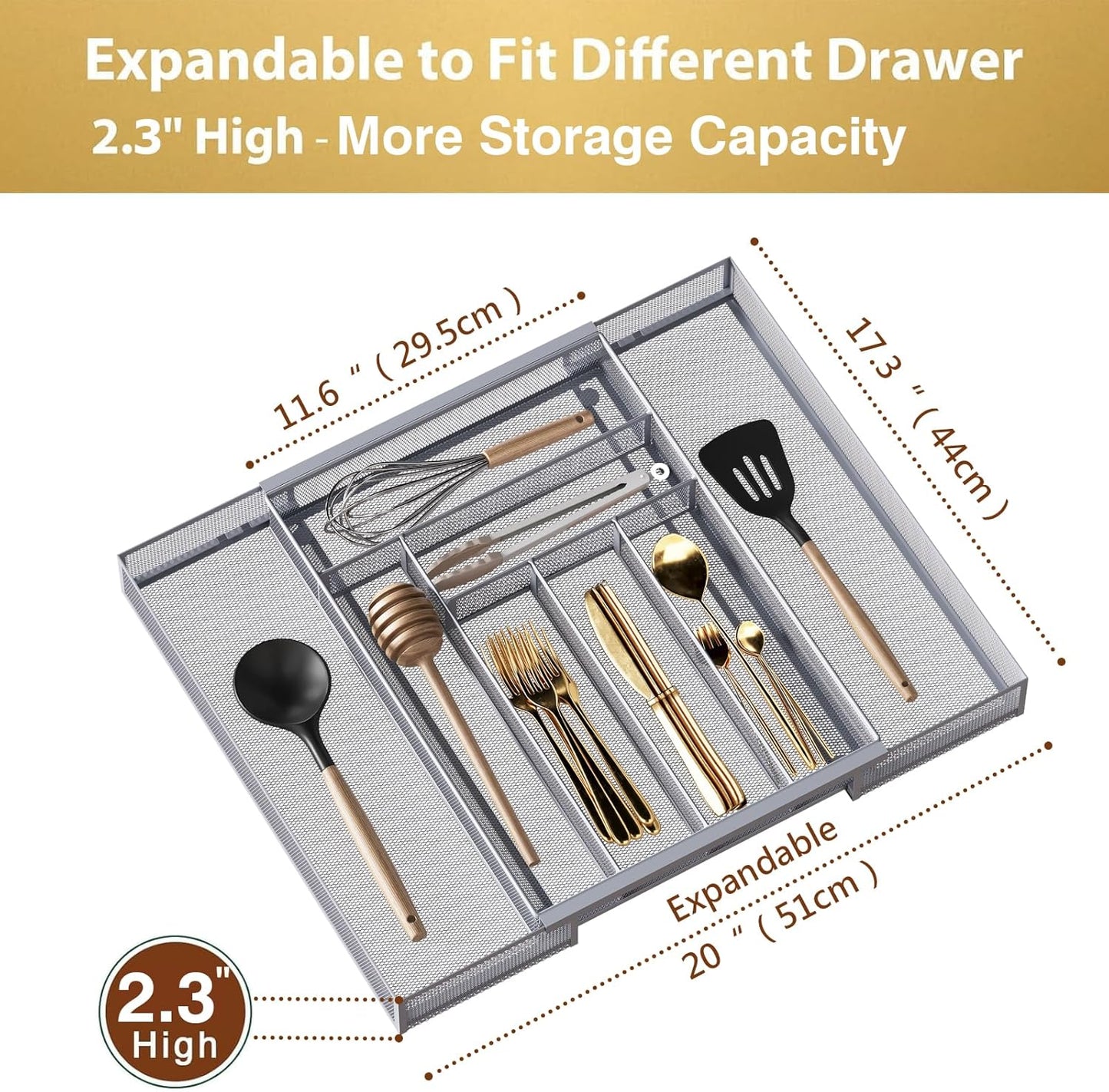 Sedegn Silverware Organizer Metal Mesh, Large Drawer Organizer, Utensil Cutlery Tray for kitchen drawers, Flatware Organizer with 6 Compartment, Black (11.3”*16“)