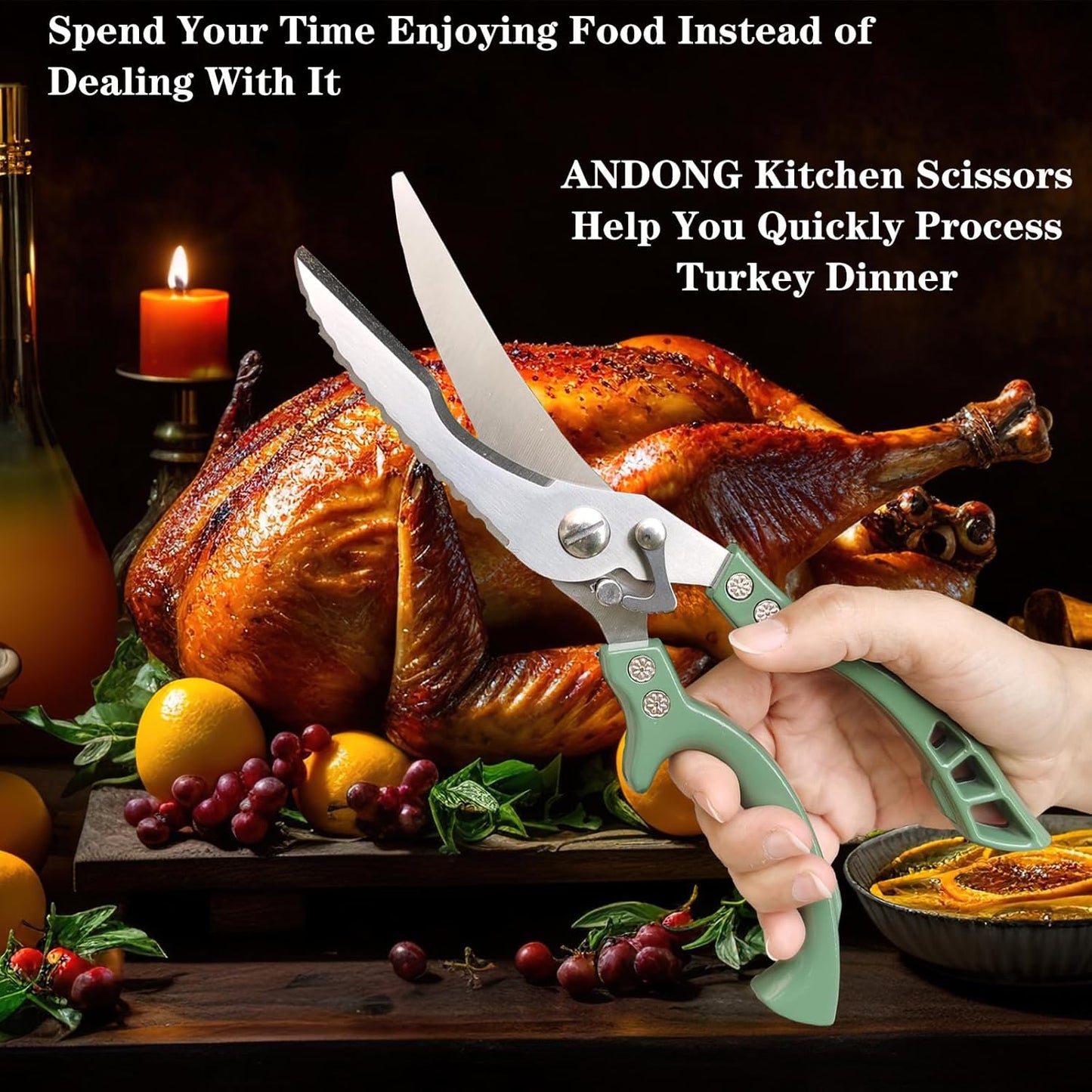 ANDONG Upgrade Heavy Duty Stainless Steel Kitchen Scissors - Professional Poultry Shears for Bone, Meat, Chicken, Fish, Turkey, Vegetables,Spring Loaded Multipurpose Ultra Sharp Utility Scissors