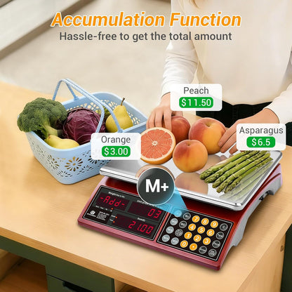 Commercial Food Scale 66lb/30kg, High Precision Digital Price Computing Scale for Farmers Marke, Deli, Dual Backlit LCD Display, Stainless Steel Platform, Rechargeable Battery for Produce Meat