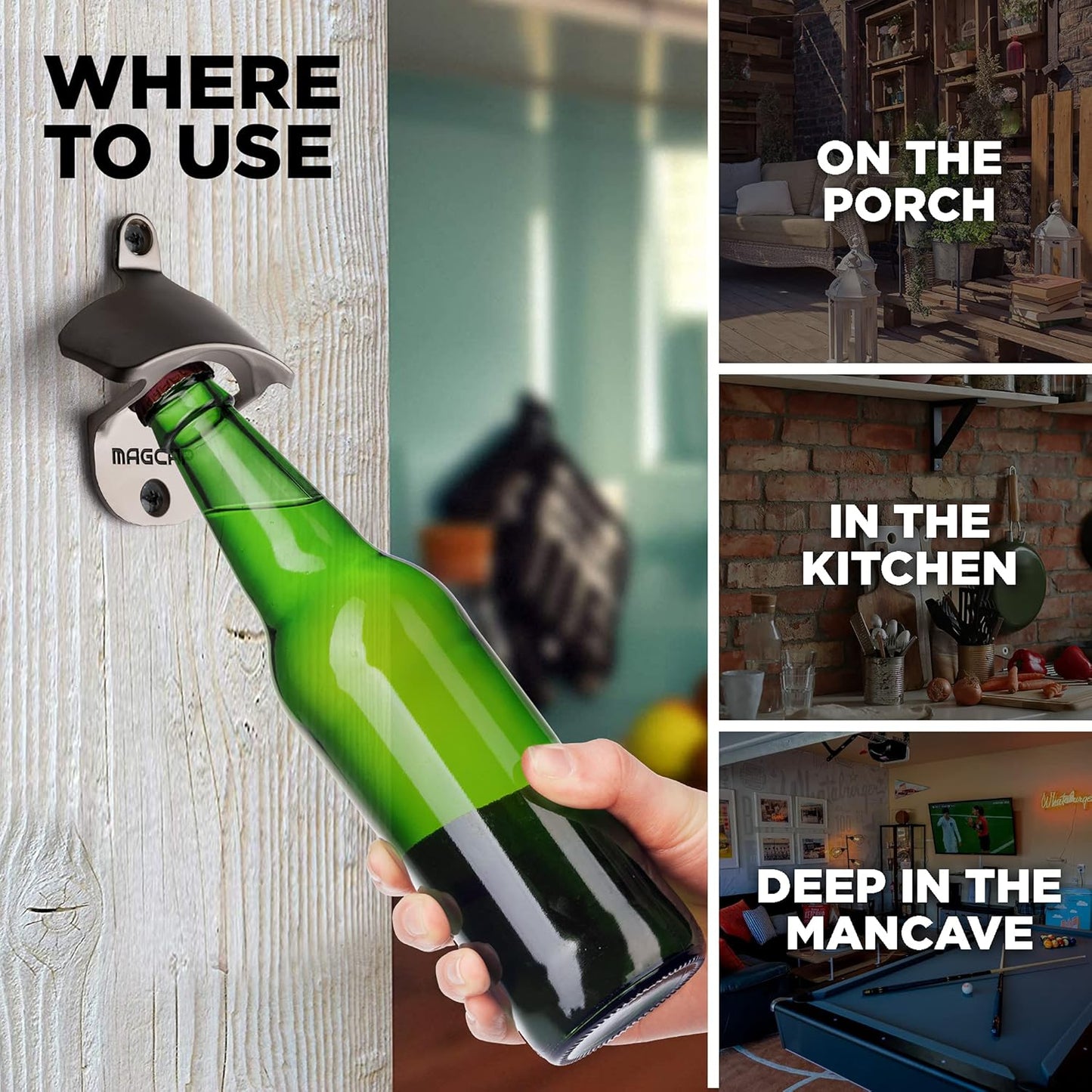 Outdoor Bottle Opener Wall Mounted - Style Magnetic Beer Bottle Opener that Catches Caps - Easy to Install and Incredibly Convenient (Gunmetal Black)