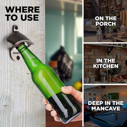 Outdoor Bottle Opener Wall Mounted - Style Magnetic Beer Bottle Opener that Catches Caps - Easy to Install and Incredibly Convenient (Gunmetal Black)