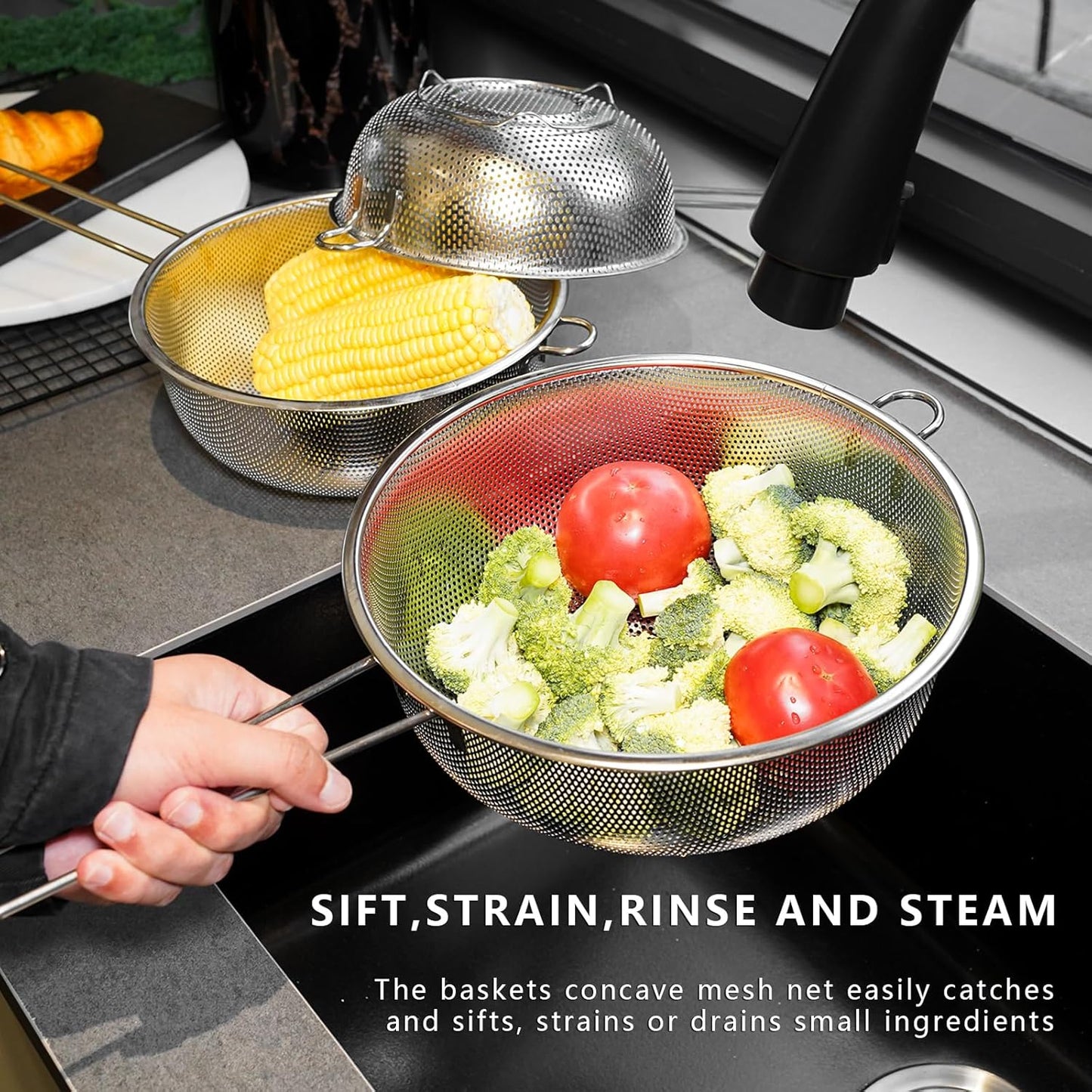 Metal Fine Mesh Strainer and Colander for Kitchen with Handle, Stainless Steel Pasta Strainer/Kitchen Funnel/Collander/Sifter for Strain/Wash Vegetables, Fruits, Spaghetti, Rice (7.8＂)