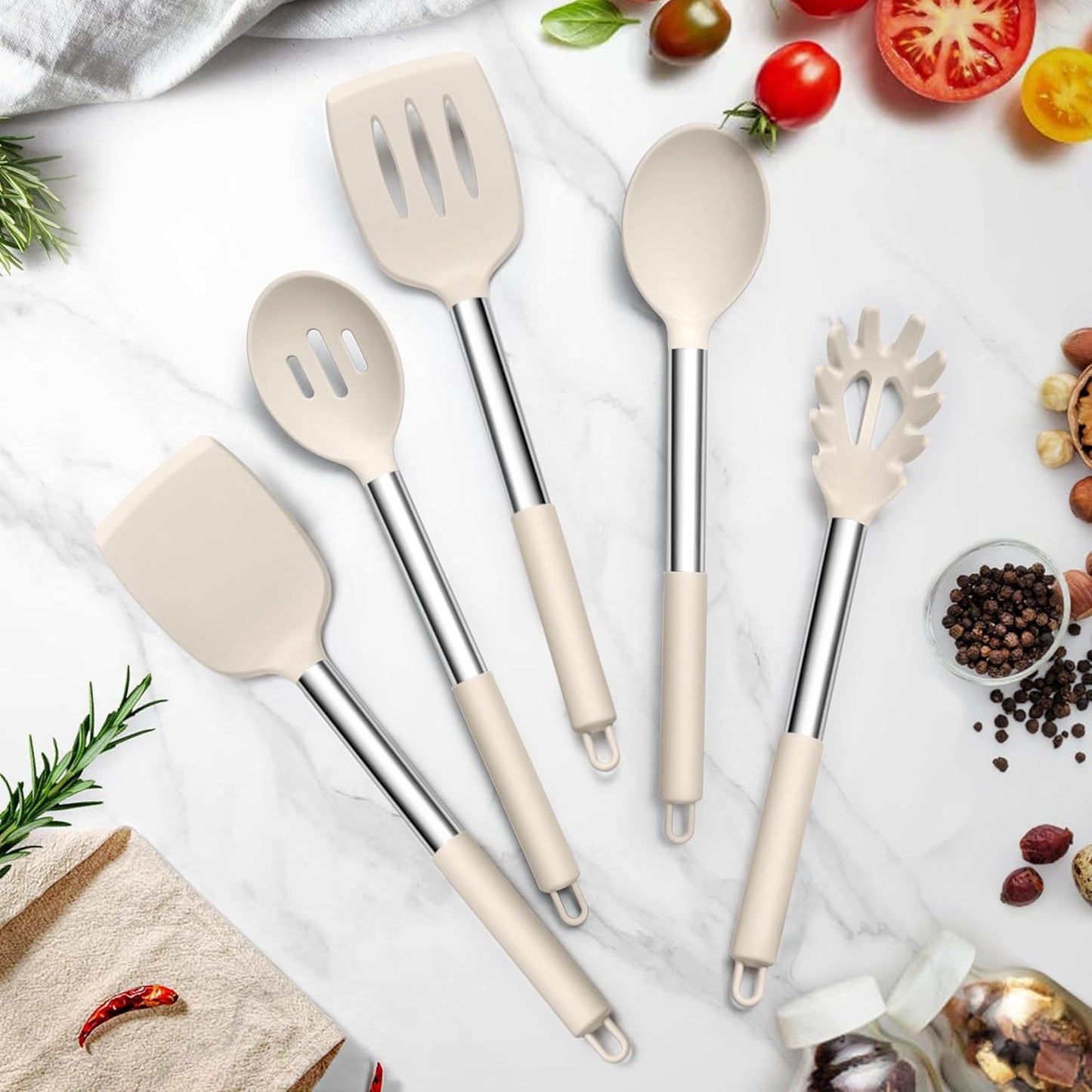 TeamFar Cooking Utensils Set, 5 PCS Silicone Kitchen Utensils with Stainless Steel Handle, for Nonstick Cookware Flipping Frying Turning Draining, Heatproof & Healthy, Nonstick & Easy Clean, Black