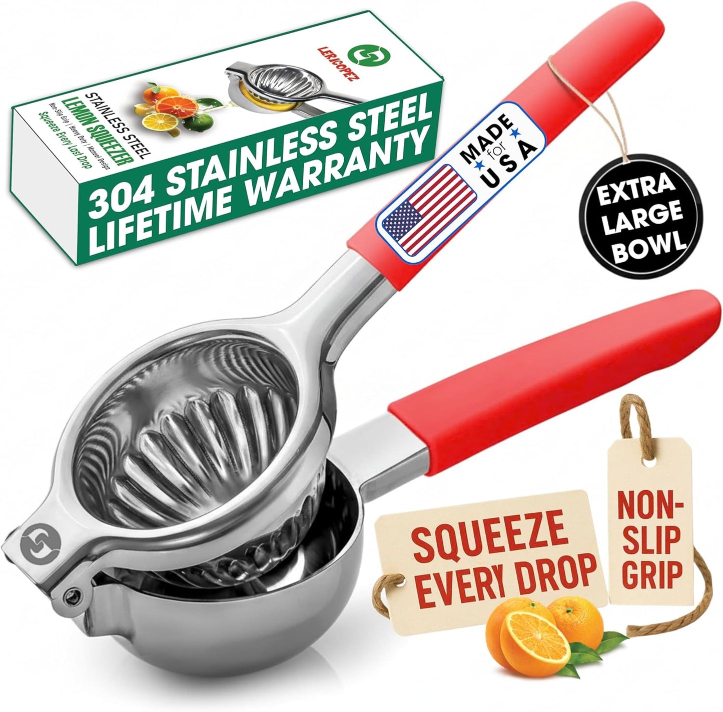 Handheld Lemon Squeezer Stainless Steel – Lemon Juicer, Lime Squeezer With Large Bowl Size & Non-Slip Handles – Citrus Squeezer for Holiday Cooking & Christmas Dinner, New Year Cocktails