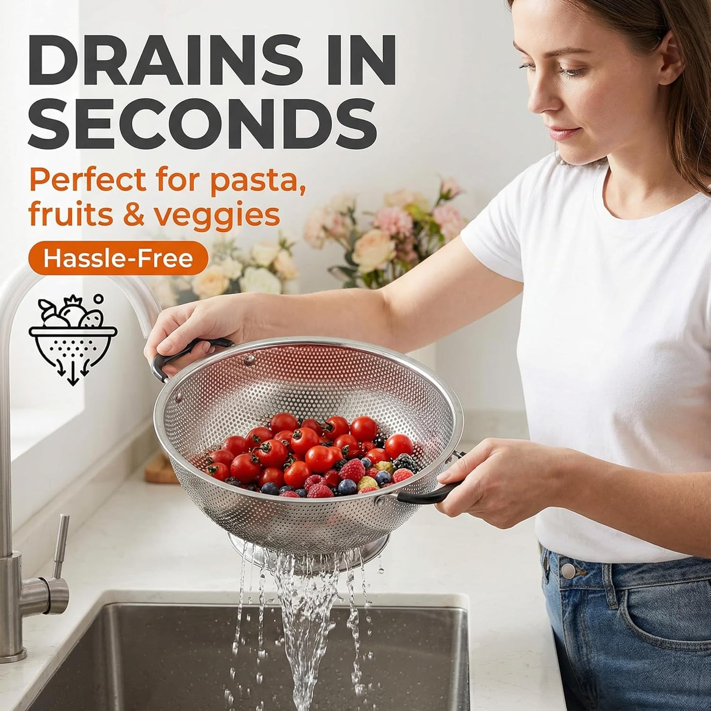 304 Stainless Steel Colander, Micro-Perforated 3-Quart Strainer with Base, Dishwasher Safe. Great for Pasta, Noodles, Vegetables & Fruits