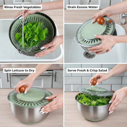 Stainless Steel Salad Spinner Large - Fruit and Vegetable Wash Bowl with Strainer - Lettuce Spinner, Fruit Cleaner, Collapsible Salad Dryer 5.3 Quart Capacity