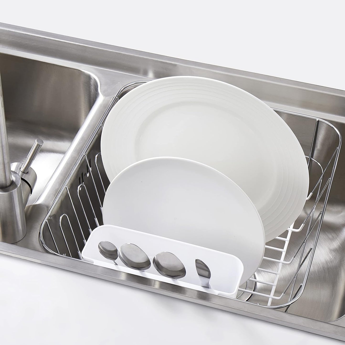 Dish Drying Rack & Cutlery Holder 2 Piece Set - Compact Sink-Fitting Dish Drainer with Rubberized Undercoating, Space-Saving Kitchen Organizer for Plates, Cups, Bowls & Utensils in Sink, Silver