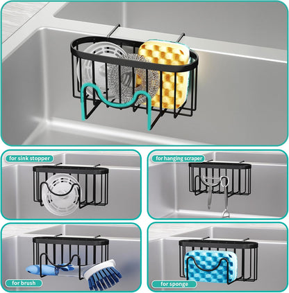 HapiRm Multifunctional Sponge Holder with Unique M-Shaped, 2 Installation Methods Kitchen Sink Caddy Organizer, Rustproof Stainless Steel Kitchen Organizers and Storage Essentials - Black