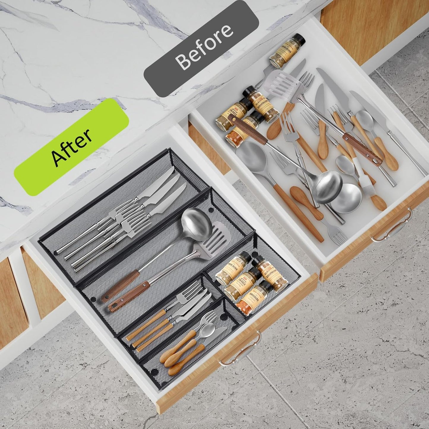Neudeco Silverware Drawer Organizer - 5 Compartment Cutlery Tray with Non-Slip Feet, Mesh Wire Flatware Storage Divider for Kitchen, Bedroom, Living Room (Silver)