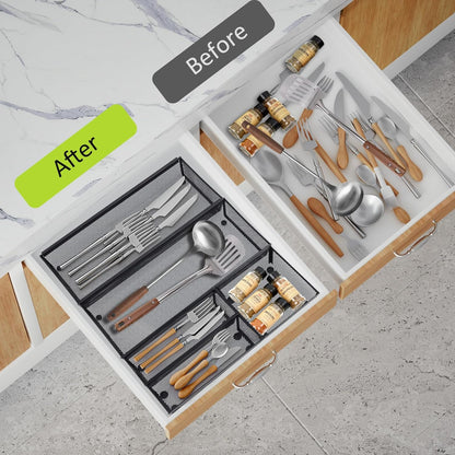 Neudeco Silverware Drawer Organizer - 5 Compartment Cutlery Tray with Non-Slip Feet, Mesh Wire Flatware Storage Divider for Kitchen, Bedroom, Living Room (Silver)