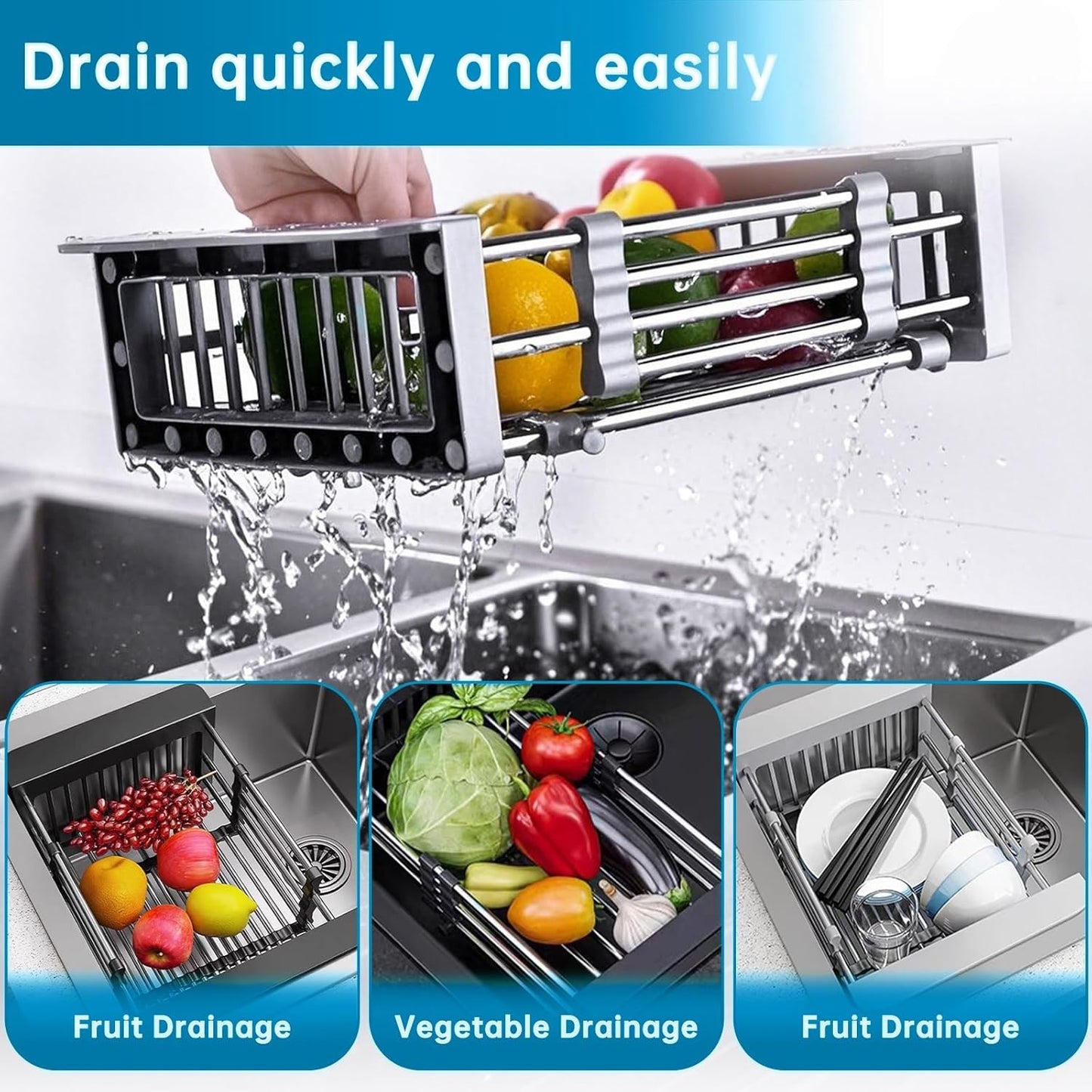 Over The Sink Dish Drying Rack, Stainless Steel Expandable Telescopic Drain Basket with Adjustable Arms - Functional Kitchen Sink Organizer for Dishes, Vegetables & Fruits (Large, Black)