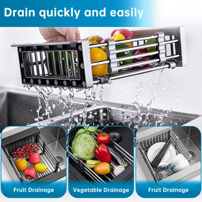 Over The Sink Dish Drying Rack, Stainless Steel Expandable Telescopic Drain Basket with Adjustable Arms - Functional Kitchen Sink Organizer for Dishes, Vegetables & Fruits (Large, Black)