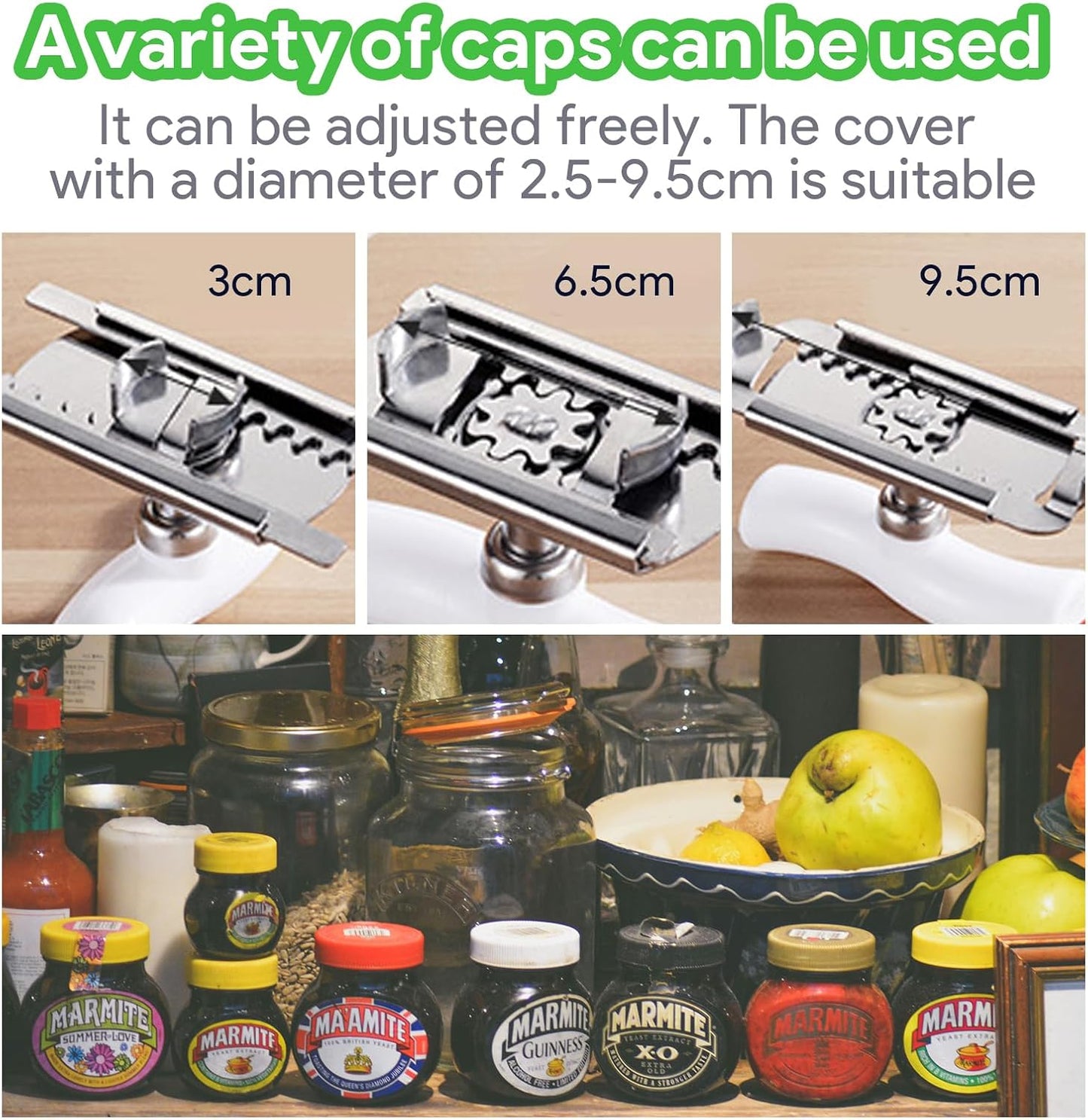2Pcs Jar Can Opener for Seniors with Arthritis, Bottle Opener for Weak Hands, Kitchen Gadget With Lid Opener Tool, Adjustable Grip Stainless Steel for Opening, Fits 1-4 Inch (Green+White)