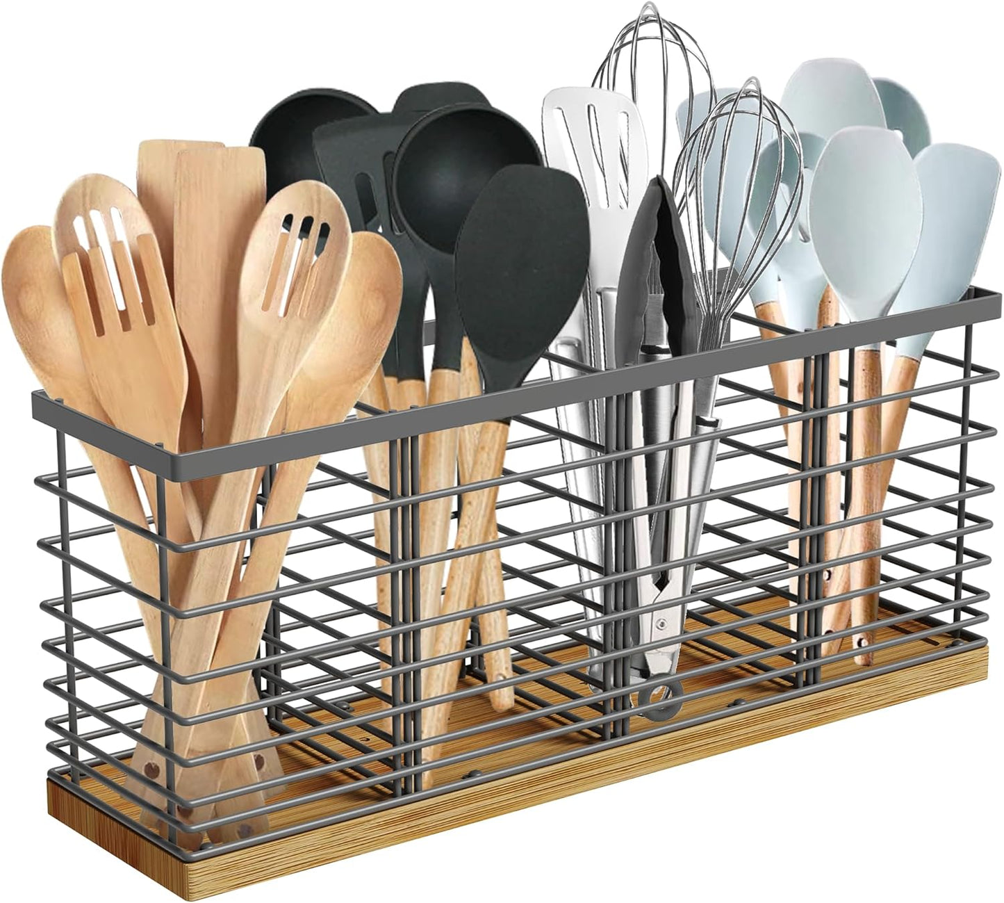 Suli Extra Large Kitchen Utensil Holder Countertop with 4 Compartments,Matte Black Metal holder with Wooden Base for Countertop,Farmhouse Utensil Organizer for counter,Rustic Cooking Utensil Organizer