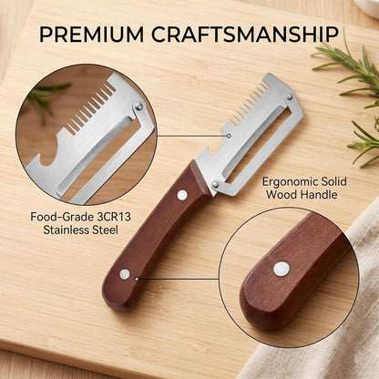 3-in-1 Stainless Steel Vegetable Peeler with Wooden Handle, Julienne Shredder and Bottle Opener for Kitchen & Camping, Includes Cleaning Brush