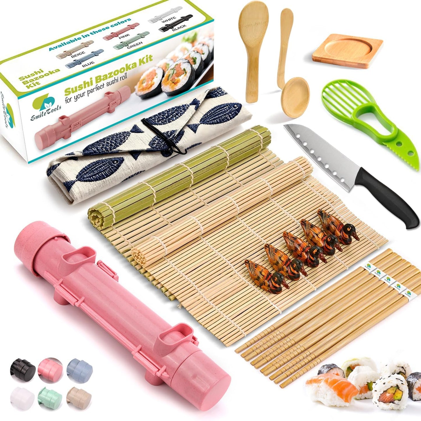 SmileTools Sushi Making Kit, 22pcs Roller Maker for Beginners With Guide Book, Bazooka, Knife, Mat, Avocado Slicer, Chopsticks, Sauce Dishes & More - Sushi Lover's Gift