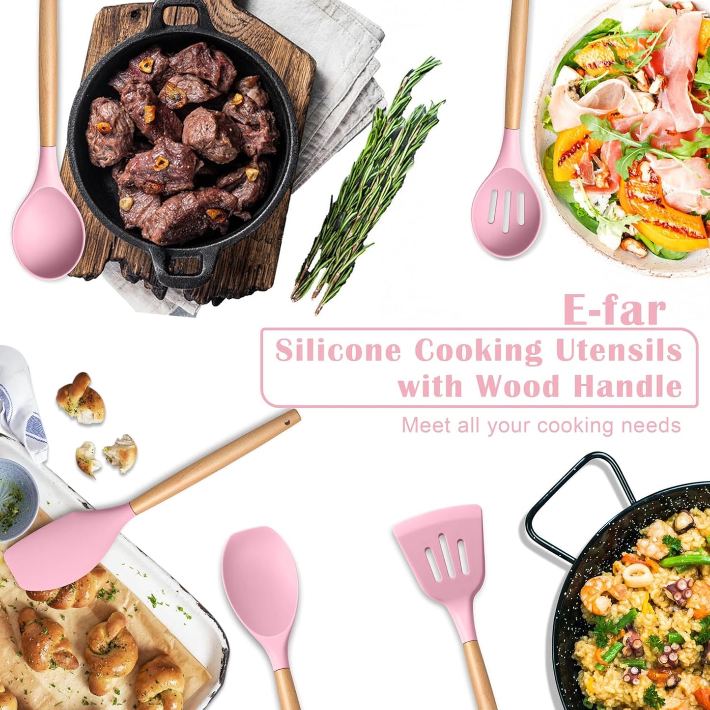 E-far Silicone Cooking Utensils Set, 10-Piece Heat Resistant Kitchen Utensils Set with Wooden Handle for Nonstick Cookware, Kitchen Nonstick Tools Spatula Whisk Tongs Ladle, Non-toxic & Healthy(Khaki)