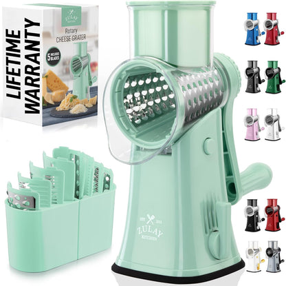 Zulay Kitchen Rotary Cheese Grater 5 Blade Cheese Shredder - Manual Hand Crank Cheese Grater With Reinforced Suction & 5 Interchangeable Drums - Easy to Use, Vegetable Chopper Round Mandoline Slicer - Colors B