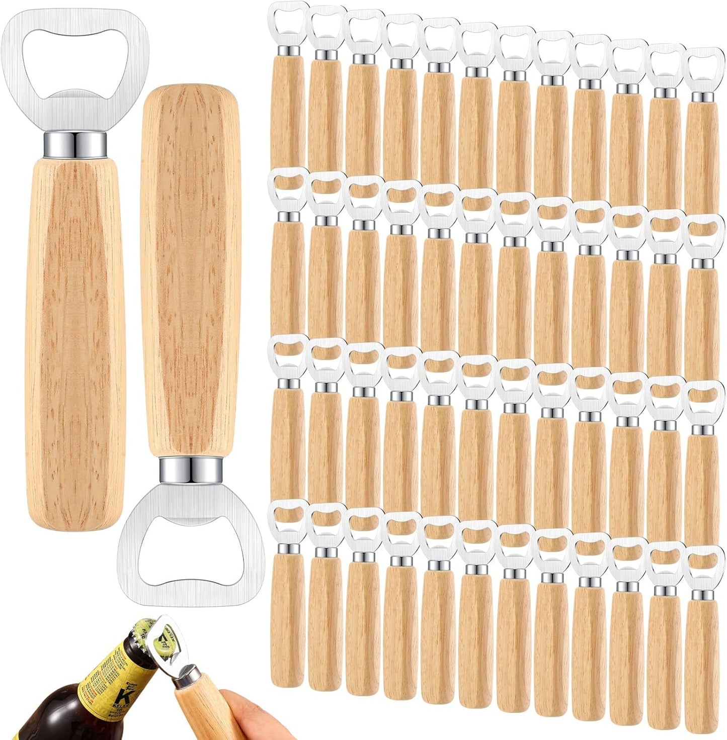 50 Pcs Wood Wine Bottle Opener Stainless Steel Bottle Opener Wood Handheld Heavy Duty Bartender Cider Engraved Gift Set for Kitchen Wedding Party Bar Home Restaurant