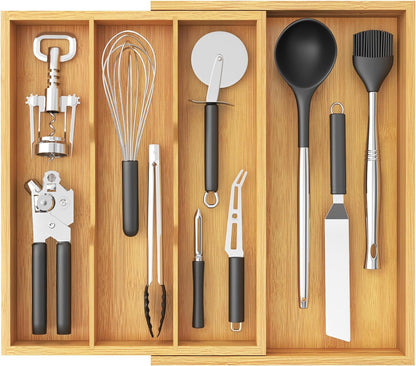 Lifewit Utensil Organizer for Kitchen Drawer, Expandable Cooking Utensil Tray, Cutlery Silverware Flatware Holder, Wood Adjustable Spatula Tools Storage Divider, 8.9-15.8 x 15.75, Natural
