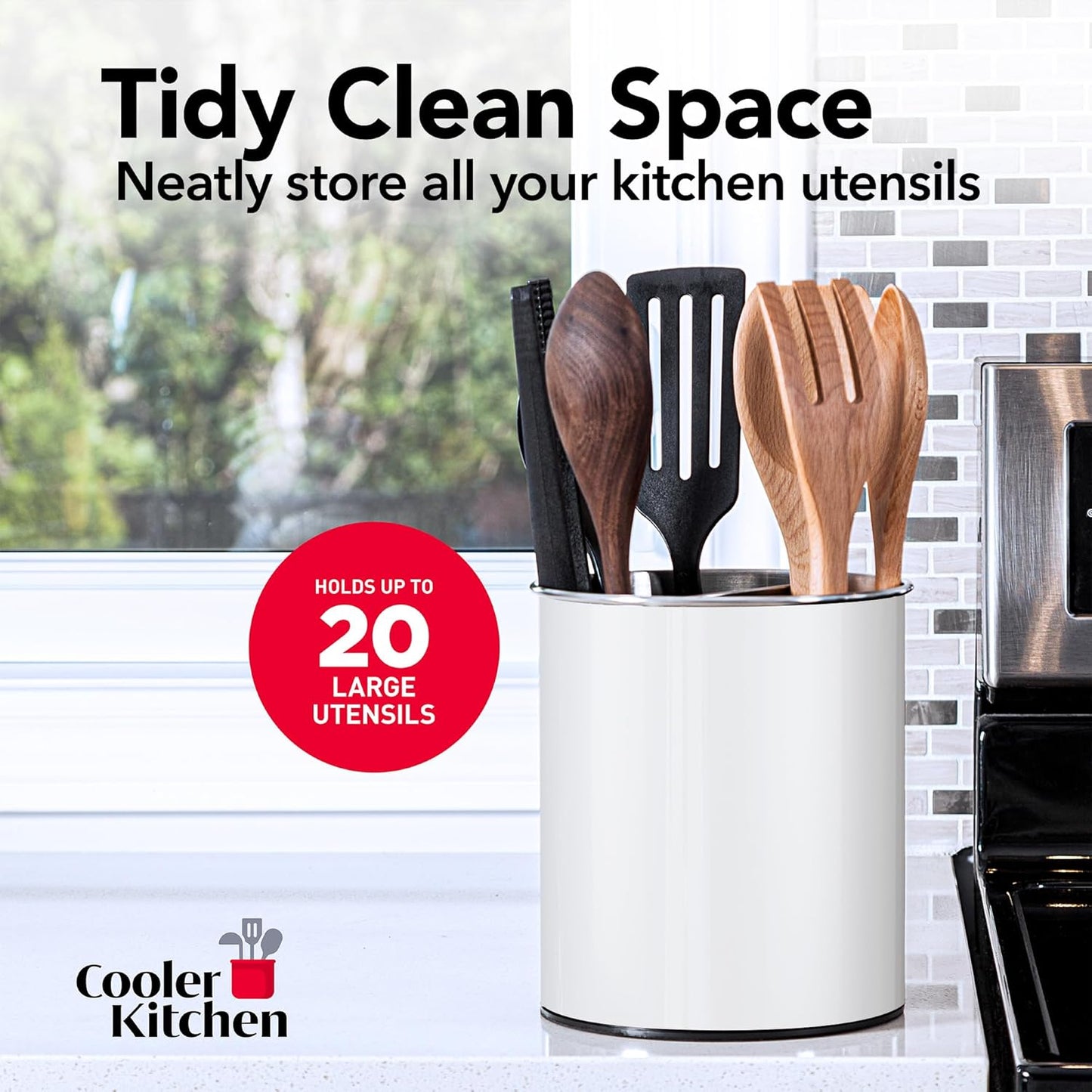 Cooler Kitchen Jumbo Extra Large Sturdy Rotating Black Utensil Holder Caddy with No-Tip Weighted Base, and Gripped Insert - Rust Proof and Dishwasher Safe Kitchen Utensils Holder