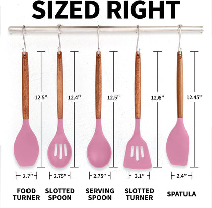 Zulay Kitchen Utensils Set Non-Stick Silicone Cooking Utensils Set with Authentic Acacia Wood Handles - 5 Piece Silicone Utensil Set - Kitchen Utensils Set with 464°F Heat Resistance - Gray