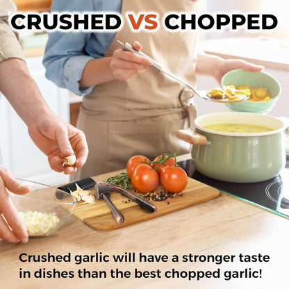 Zulay Kitchen Premium Garlic Press Set - Rust Proof Professional Garlic Mincer Tool - Easy-Squeeze, Easy-Clean with Soft, Ergonomic Handle - Silicone Garlic Peeler & Brush (Silver)
