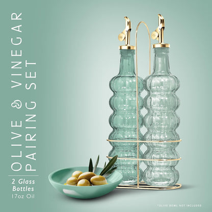 COOK WITH COLOR Glass Olive Oil Bottle Dispenser - 2 Pack- 17oz Oil and Vinegar Cruet - Olive Oil Carafe Decanter for Kitchen, Elegant Waves, Clear