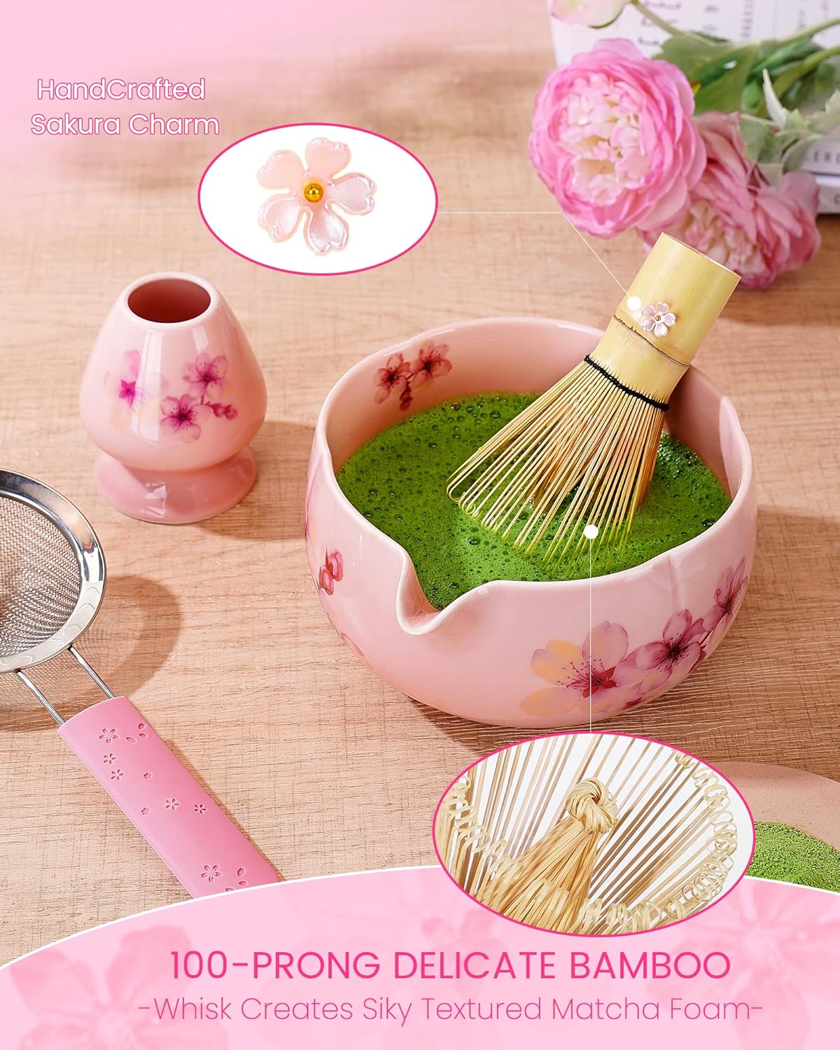 Matcha Whisk Set, 6pcs Matcha Kit Includes Large Matcha Bowl, Bamboo Whisk & Scoop with Cute Charm, Chasen Holder, Innovative Sifter, Tea Mat for Japanese Tea Ceremony-Floral Pattern