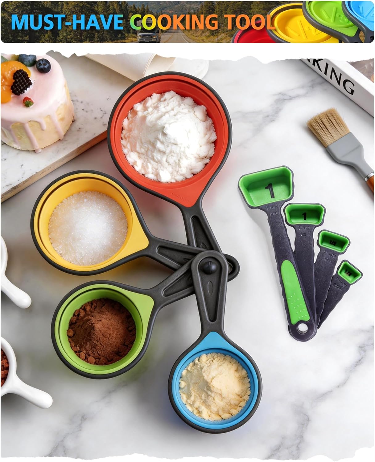 Measuring Cup and Spoon Set, Collapsible Measuring Cup, 8 Piece Measuring Tools and 1 Funnel, Engraved Metric/US Markings, for Liquid and Dry Measurements, Space Saving, BPA Free Silicone, Colorful