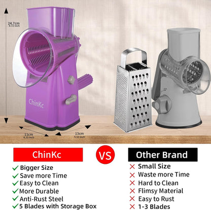 Upgrade Rotary Cheese Grater Shredder with Handle, Strong Suction Base, Multi-purpose Rotary Grater Slicer with 5 Interchangeable Blades for Ice, Vegetables, Fruit, Nuts with Blade Storage Box