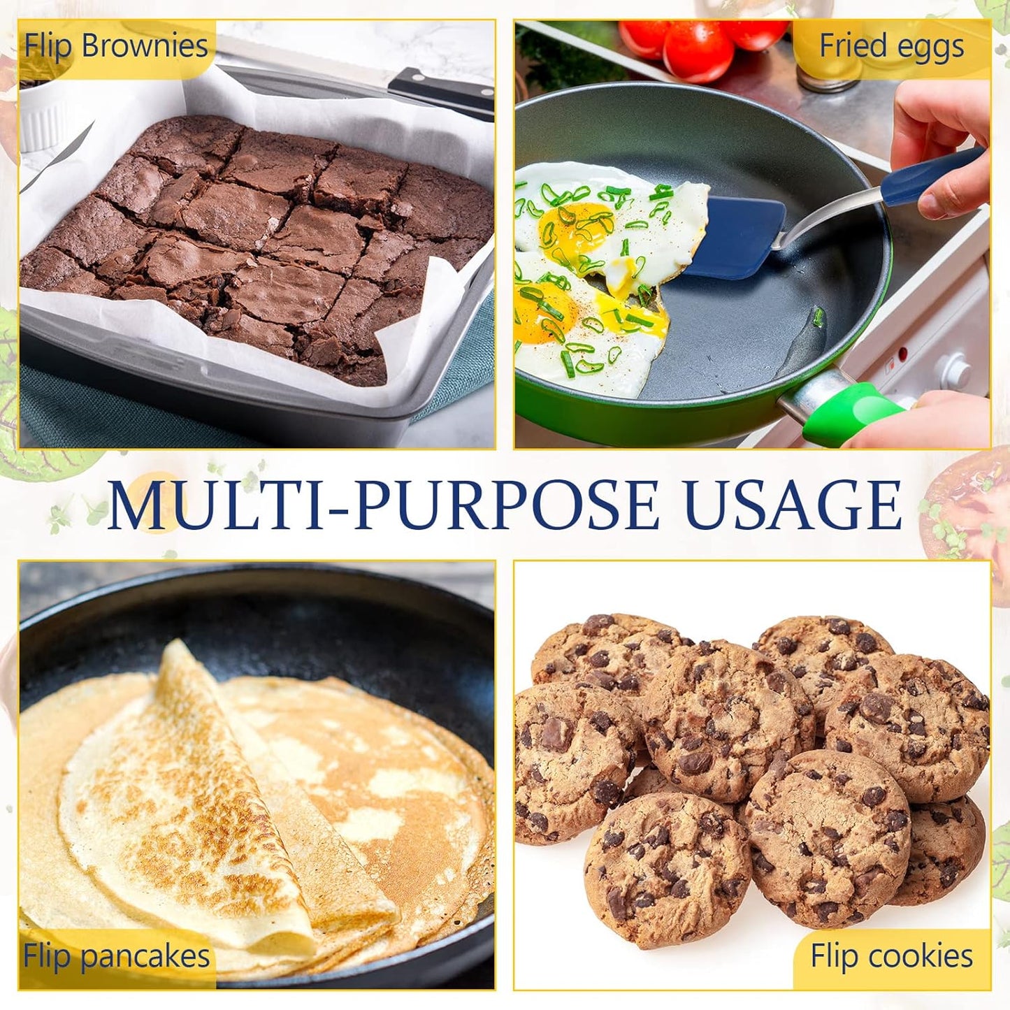 Silicone Cookie Spatula Turner 2 Pack Mini Brownie Spatula Flexible Kitchen Small Silicone Turner for Nonstick Cookware Heat Resistant No Scratch Flipper for Pancake(Solid Flat,Gray, Blue)