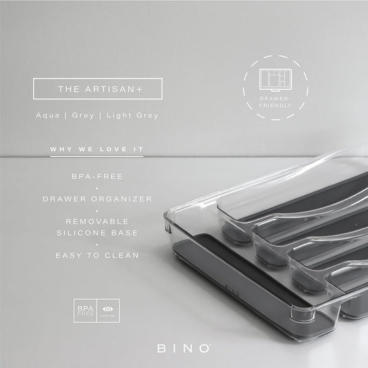 BINO 5-Slot Silverware Organizer for Drawer | Plastic Utensil Kitchen Drawers Tray Organization w/Grip Lining (Light Grey)