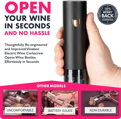 VINABON Electric Wine Opener - Updated 2026 One-Touch Automatic Wine Bottle Opener Corkscrew - Rechargeable (Up to 100 Bottles/Charge) with Foil Cutter Stand, LED Indicator. Includes Wine Guide eBook