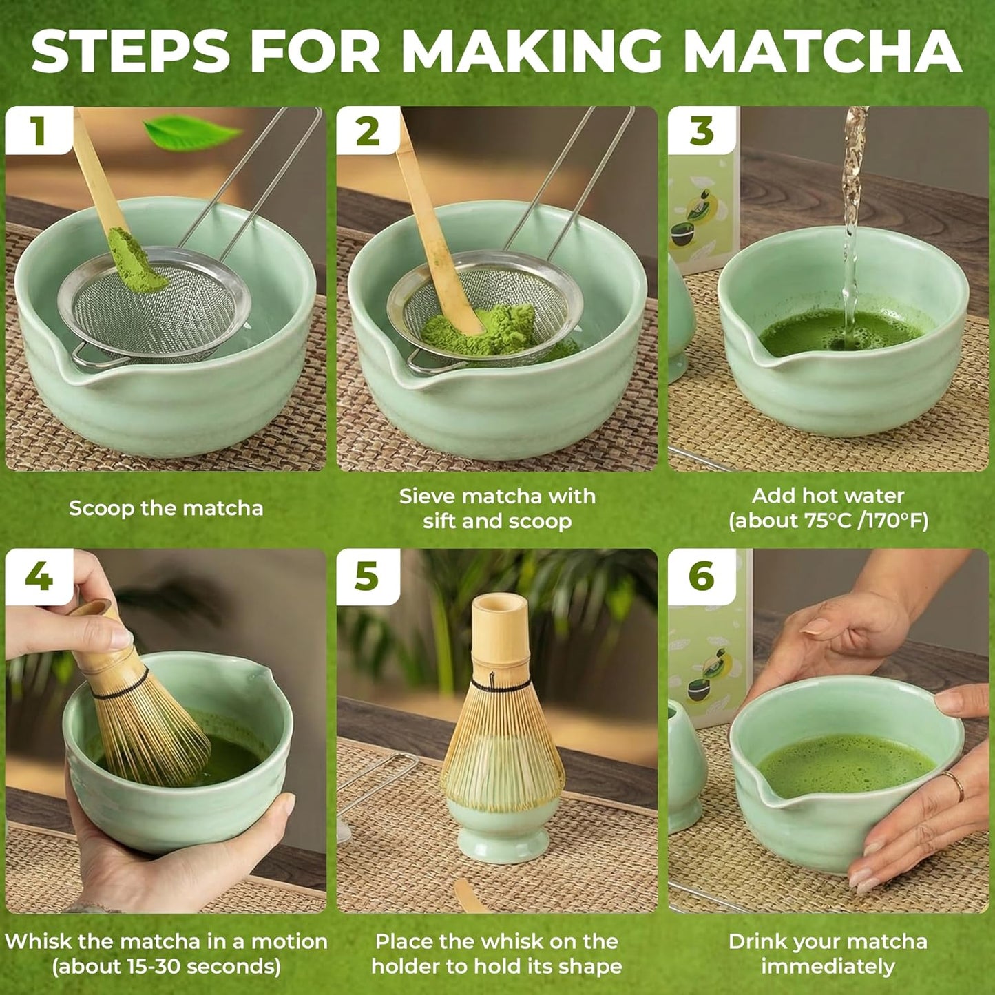 Matcha Whisk Set – 5-Piece Traditional Matcha Kit with Ceramic Bowl Including Bamboo Whisk, Scoop, Sifter & Whisk Holder | Japanese Tea Set for Smooth Matcha (Sage Green)