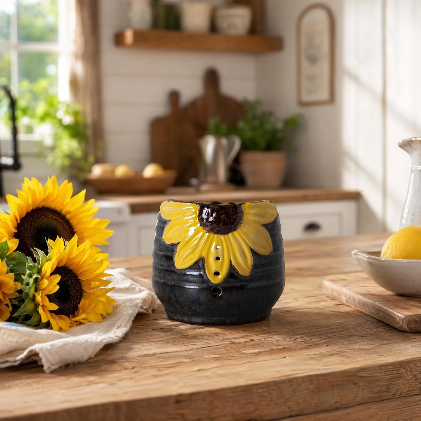 Sunflower Herb Stripper Bowl - 4 Size Holes Ceramic Leaf Stripper Tool for Rosemary Thyme, 3D Sunflower Embossed, Kitchen Gadgets for Cooking & Gardening, Brown Glazed