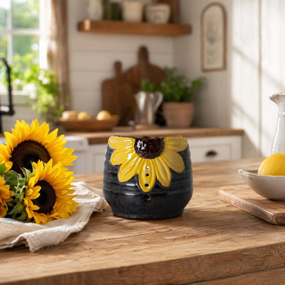Sunflower Herb Stripper Bowl - 4 Size Holes Ceramic Leaf Stripper Tool for Rosemary Thyme, 3D Sunflower Embossed, Kitchen Gadgets for Cooking & Gardening, Brown Glazed