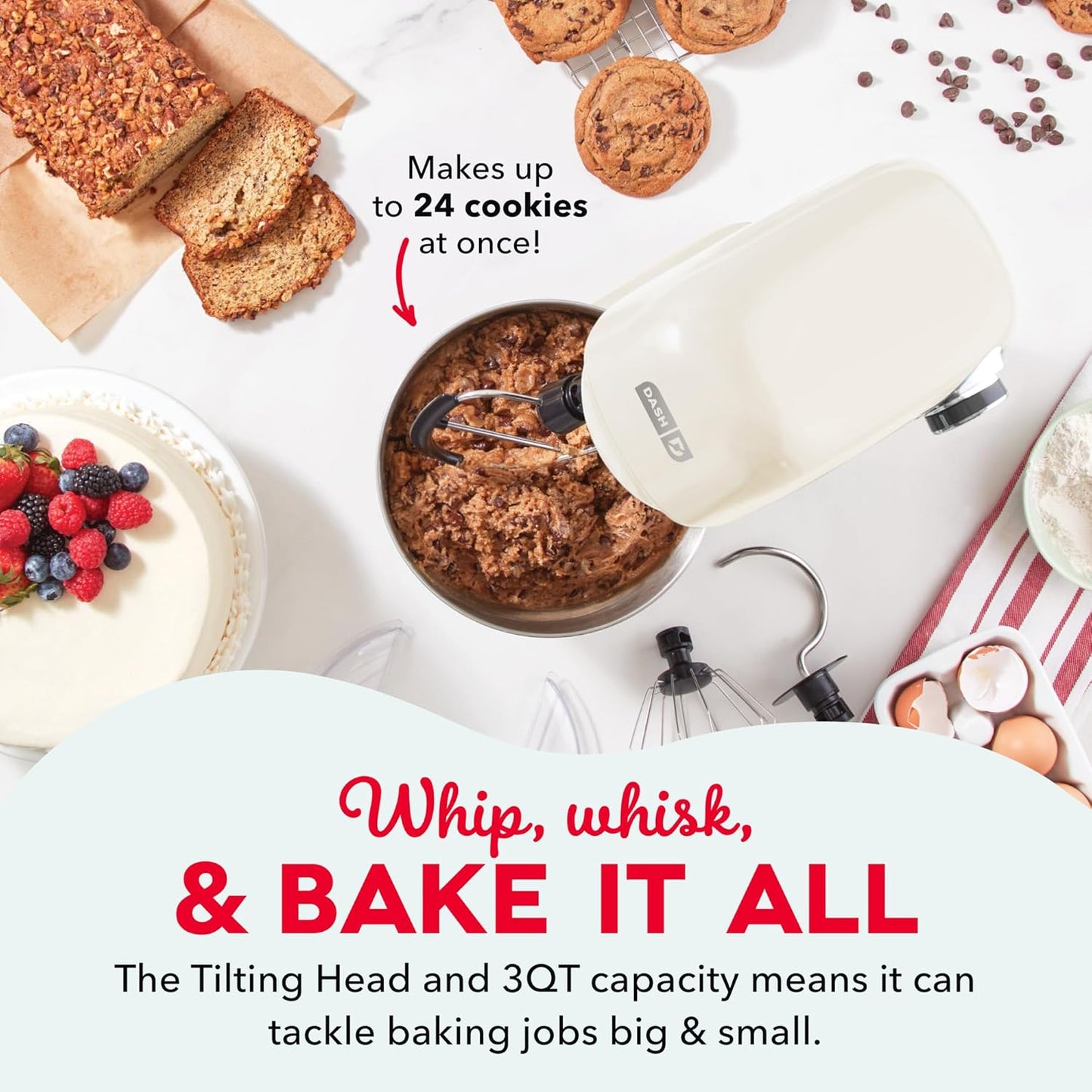 Dash 3.5QT Tilt-Head Stand Mixer - Electric Stand Mixer with Stainless Steel Bowl and Splash Guard For Baking - Cream, 3.5-Quart