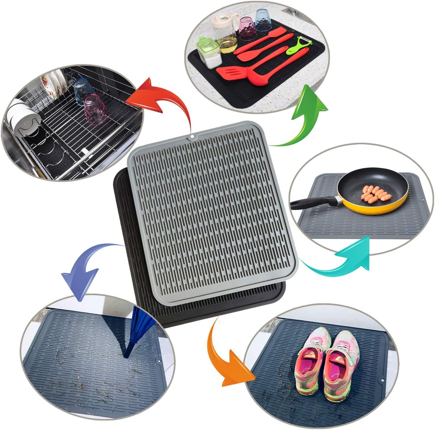 Extra Large Silicone Trivet Heat Resistant Mat 18'' x 16'' set of 2 Dish Drying Mats kitchen Counter Rack Sink Drainer Pad Hot Pot Trivet Dishwasher Safe (grey)