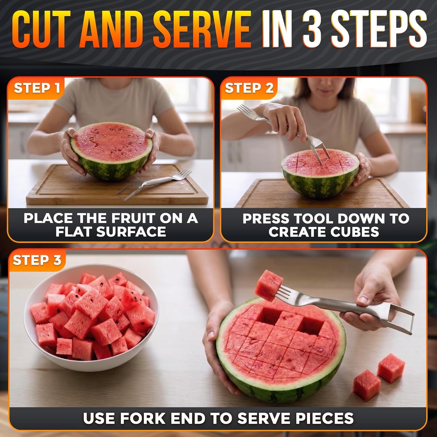 2-in-1 Watermelon Slicer Cutter Tool for 1” Cubes & Slices – Stainless Steel Watermelon Cutter Knife for Fast Fruit Cutting – Melon Slicer for Watermelon, Cantaloupe, Papaya, Honeydew, BBQ & Picnics