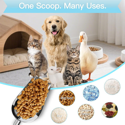 Dog-Cat Food Scoop 1 Cup – Thickened 304 Stainless Steel Pet Food Scoop with Long Handle, Precision Scale, Easy to Clean, Suitable for Wet Dry Food