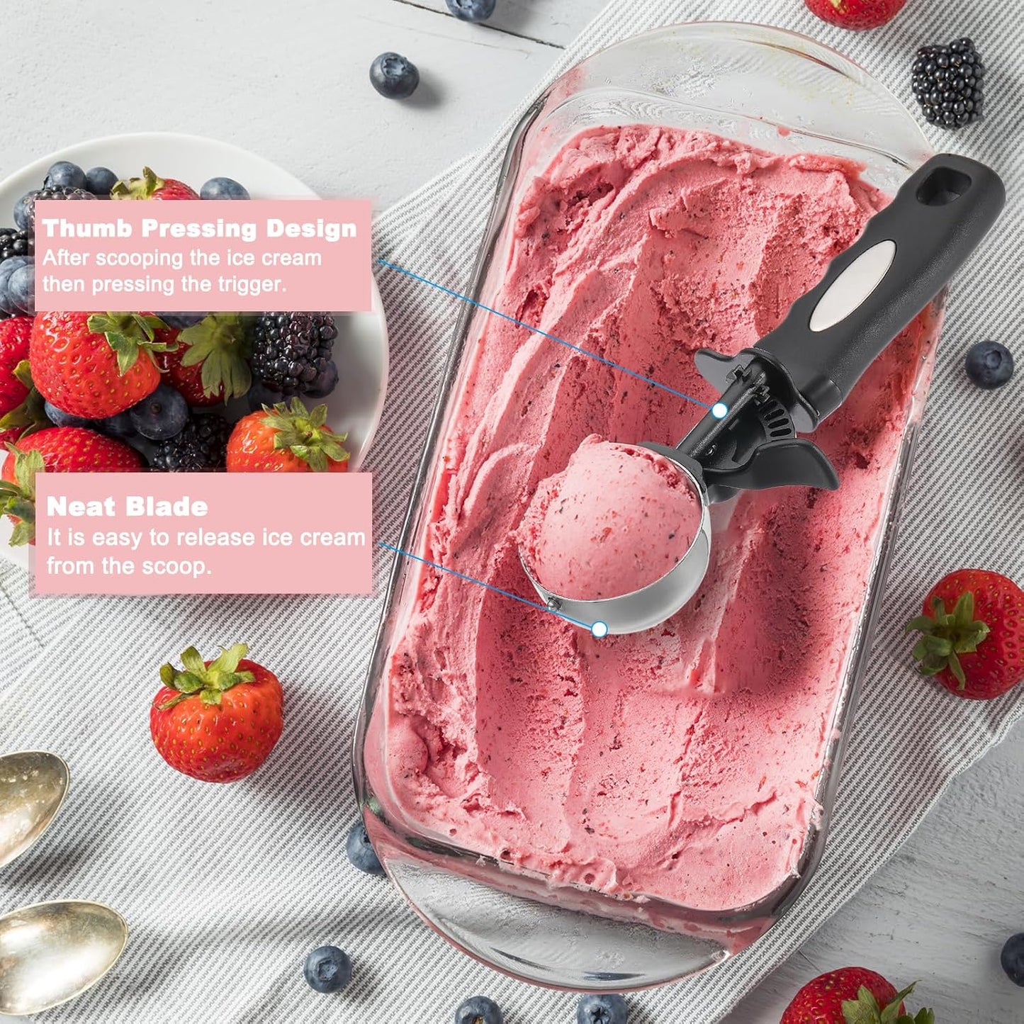 PATIKIL 4 Ounce Ice Cream Scoop with Trigger, Stainless Steel Portion Cookie Scoop with Thumb Trigger for Cookie Dough Cupcake Batter Baking, Silver Black