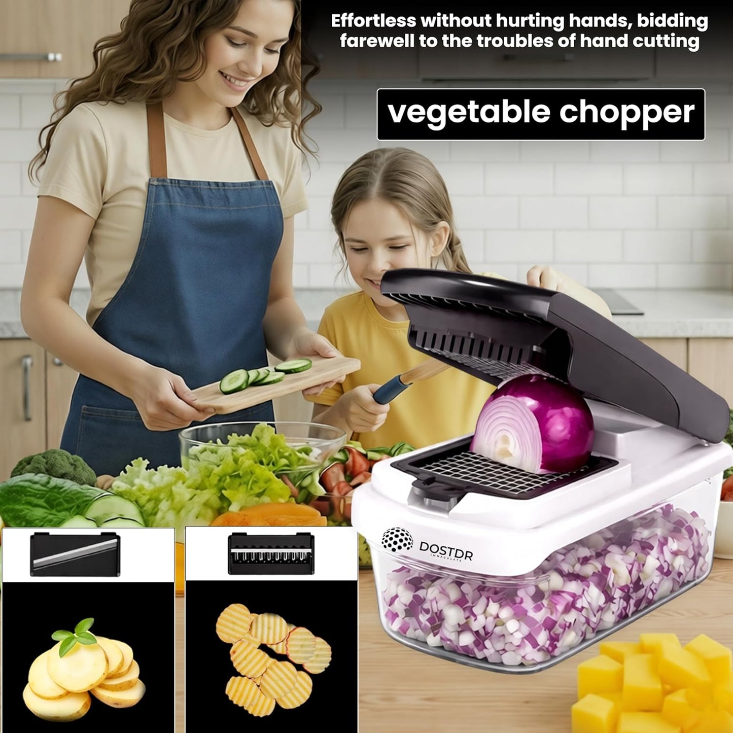 Compact Premium Vegetable Chopper, Mandoline Slicer, Veggie Chopper Food Chopper Container, Vegetable Cutter, Onion Salad Vegetable Chopper, Fruit Slicer, Shredding (White & Black)