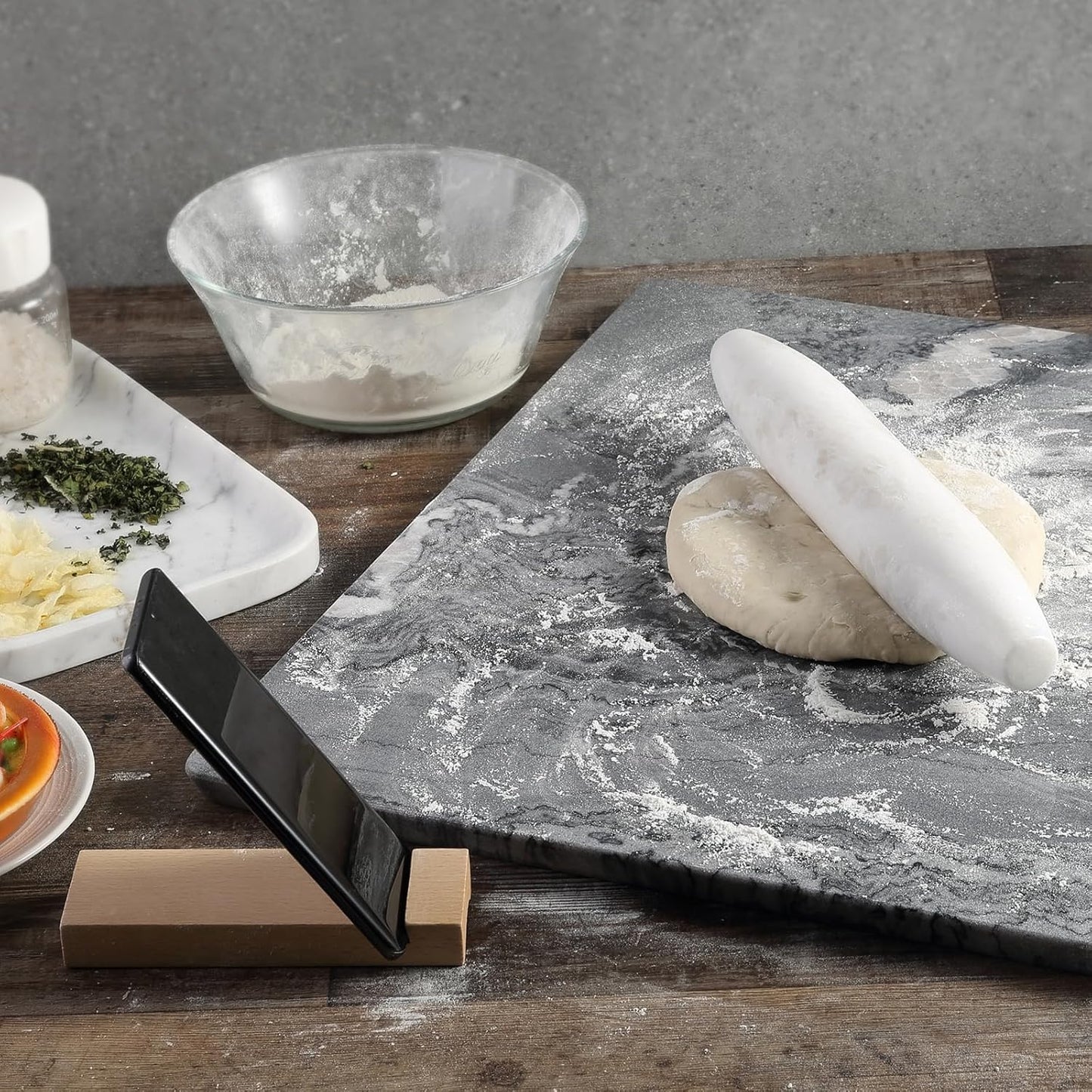 Koville African Natural Marble Rolling Pin, Non-Stick Polished Dough Roller, Pasta, Dumpling, Fondant, Pie Crust, Bread, Pizza Dough, Kitchen Baking Pastry Tools with Mat/Scraper（Namib Fantasy）