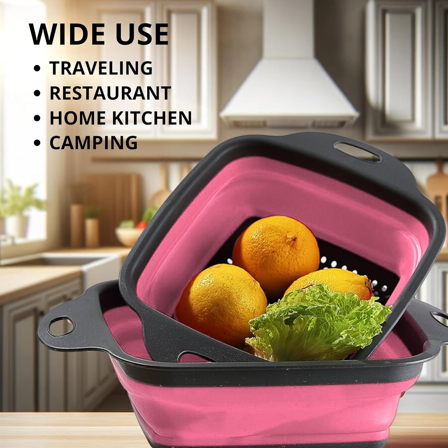Green Kitchen Strainer Colander Set - 2 PCS Multifunctional Colander Silicone Food Strainers for Kitchen for Pasta and Spaghetti Collapsible with Plastic Handles